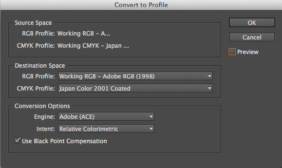 rgb to cmyk conversion indesign photoshop convert to profile recommended options settings